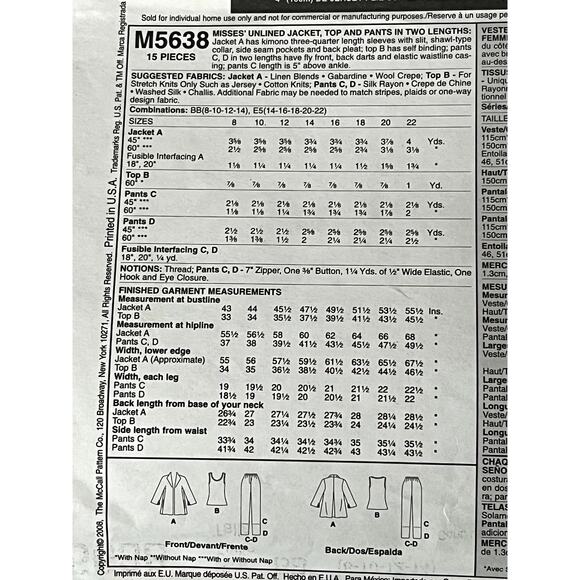 McCalls 5638 Sewing pattern jacket top pants size 8 10 12 14 - Picture 5 of 6